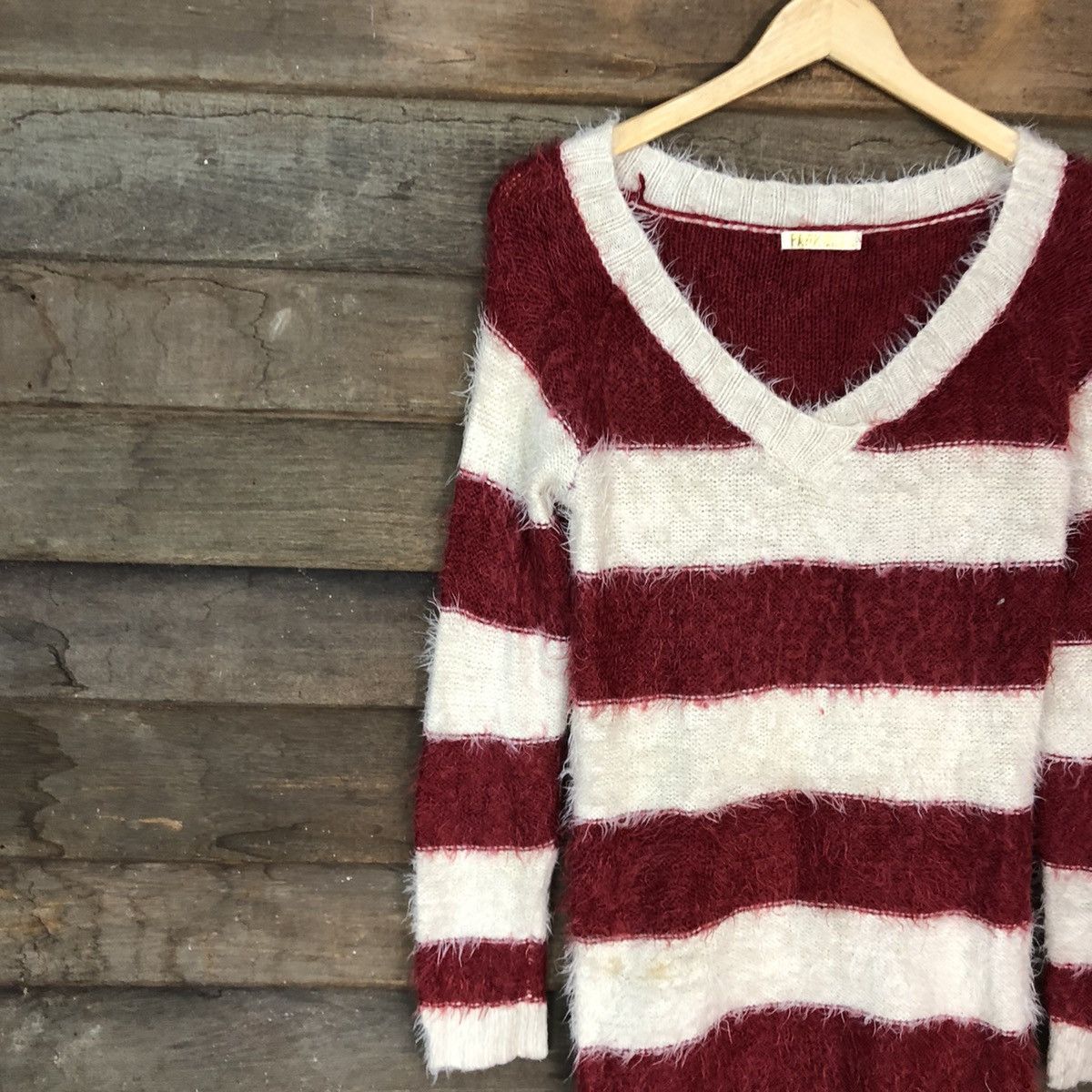 Homespun Knitwear Park Girl Stripe White Maroon Mohair Knitwear #0537 Size M / US 6-8 / IT 42-44 - 7 Thumbnail