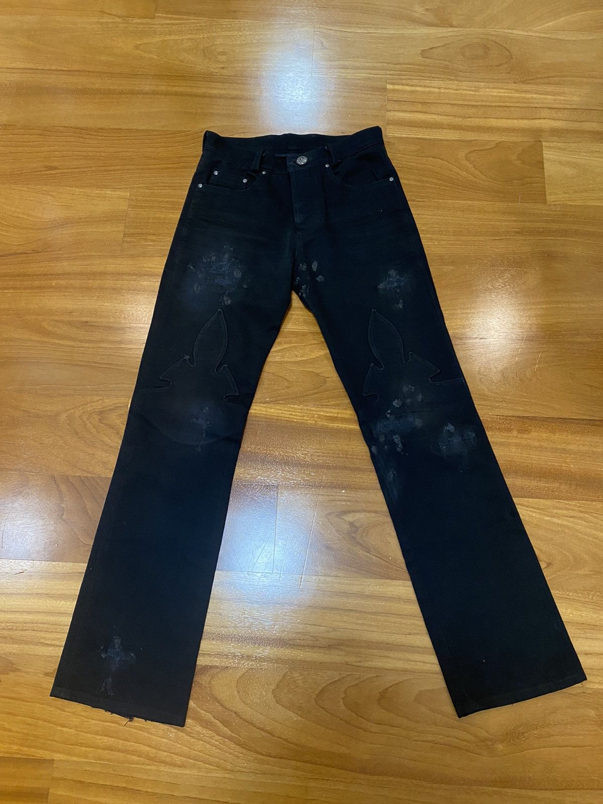 Chrome Hearts Pink & Checkered Cross Patch Fleurknee Jeans Black