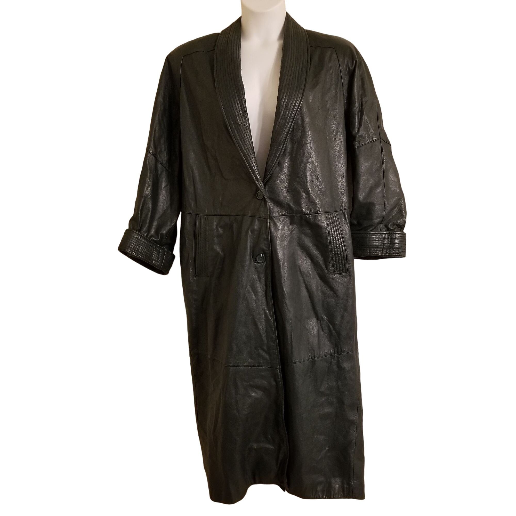 Vintage Pelle M Dark Green Leather Trench Coat Oversized Slo