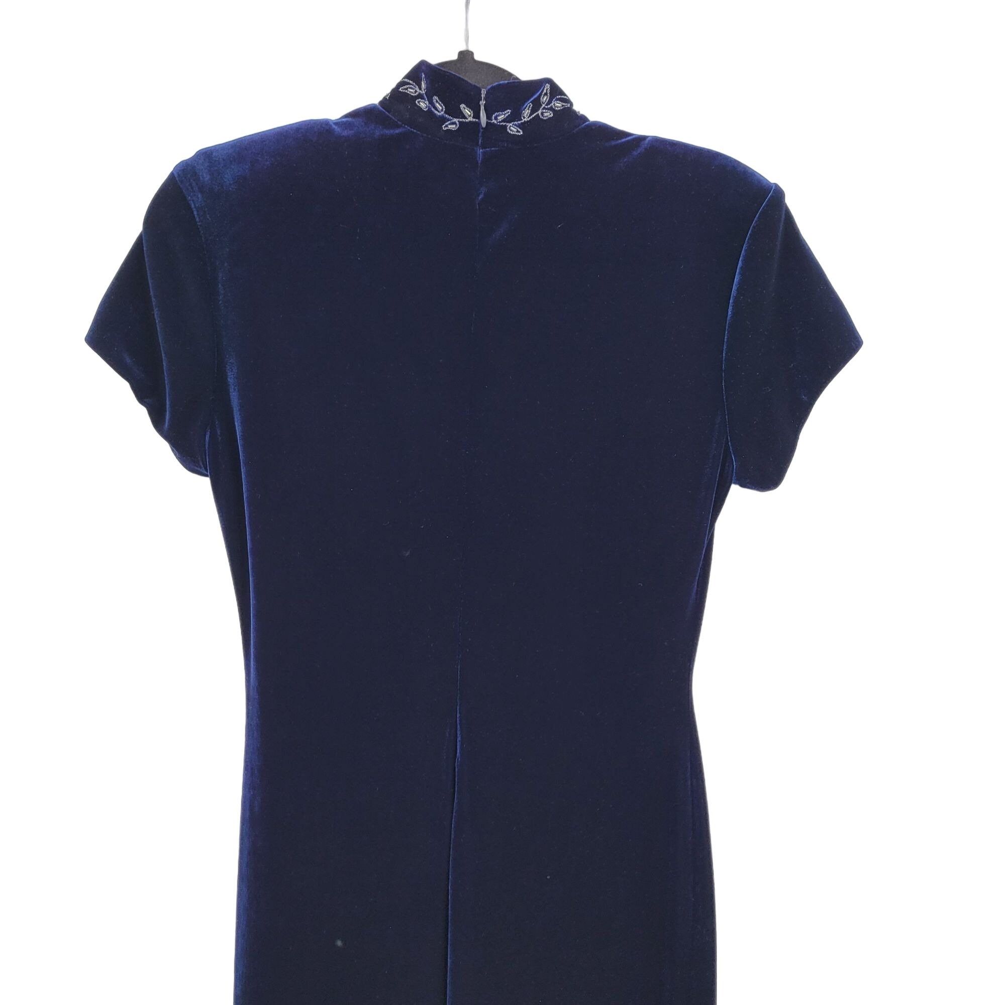 Vintage 80's Arianna Dress Gown Velour Cheongsam Embroidered Navy 4P Size S / US 4 / IT 40 - 9 Thumbnail