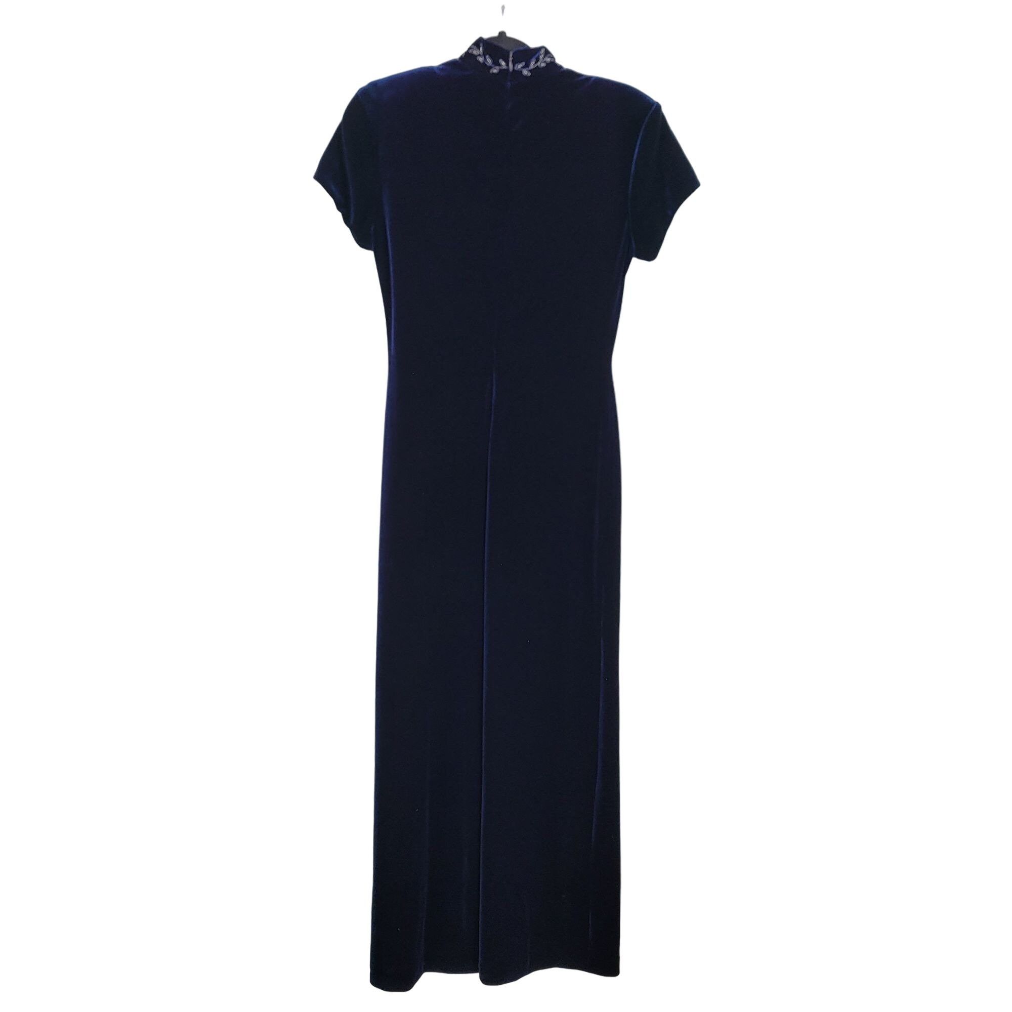 Vintage 80's Arianna Dress Gown Velour Cheongsam Embroidered Navy 4P Size S / US 4 / IT 40 - 8 Thumbnail