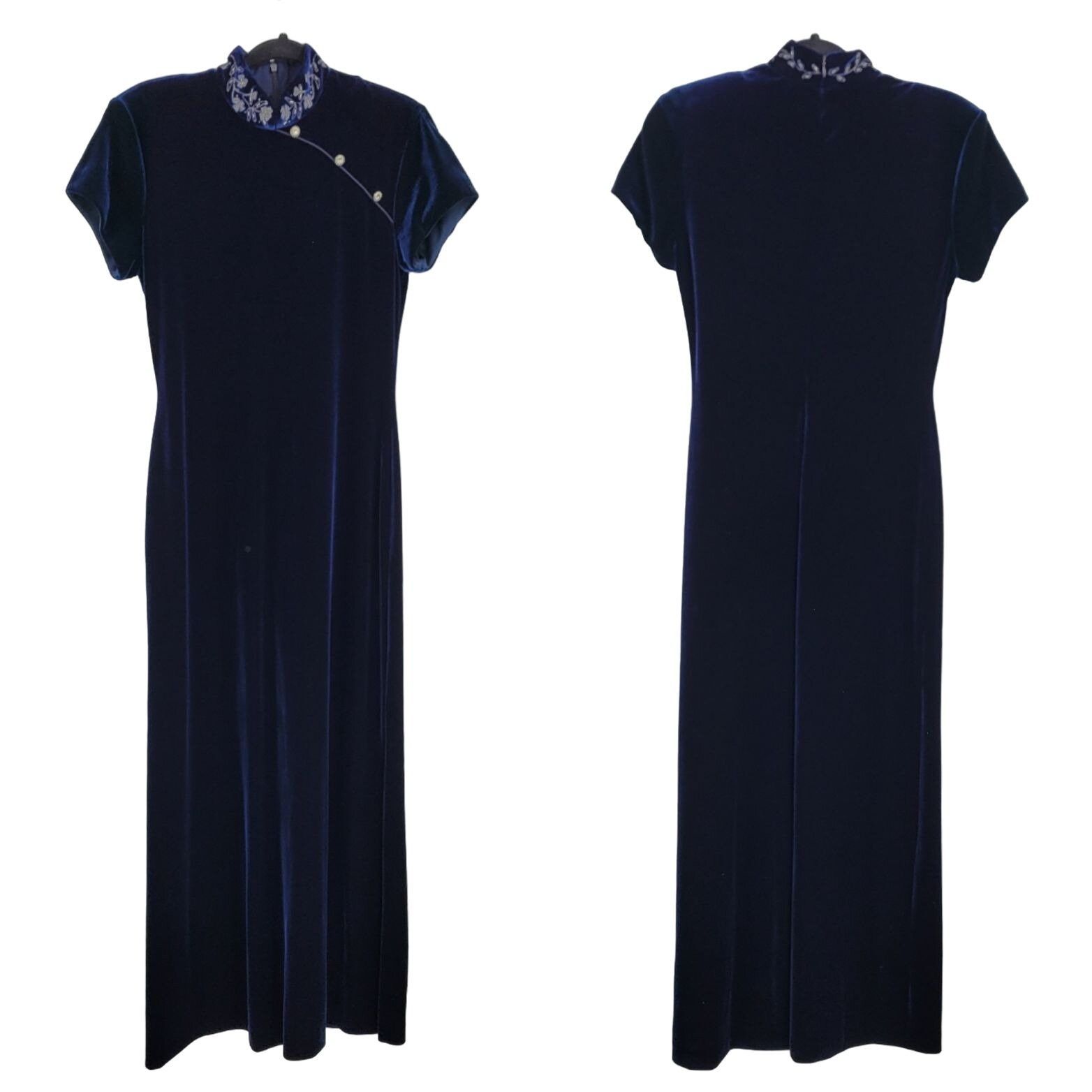 Vintage 80's Arianna Dress Gown Velour Cheongsam Embroidered Navy 4P Size S / US 4 / IT 40 - 1 Thumbnail