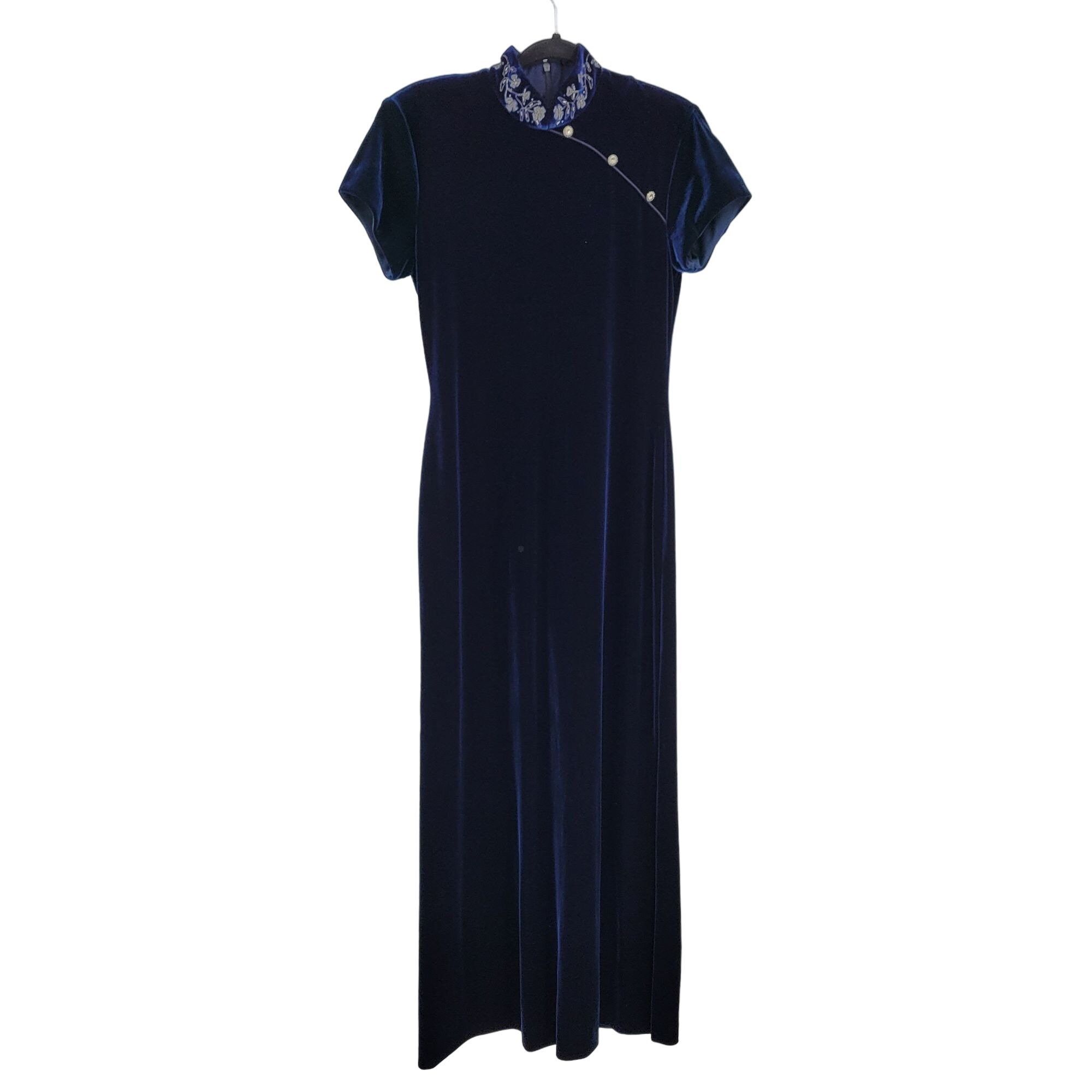 Vintage 80's Arianna Dress Gown Velour Cheongsam Embroidered Navy 4P Size S / US 4 / IT 40 - 13 Thumbnail