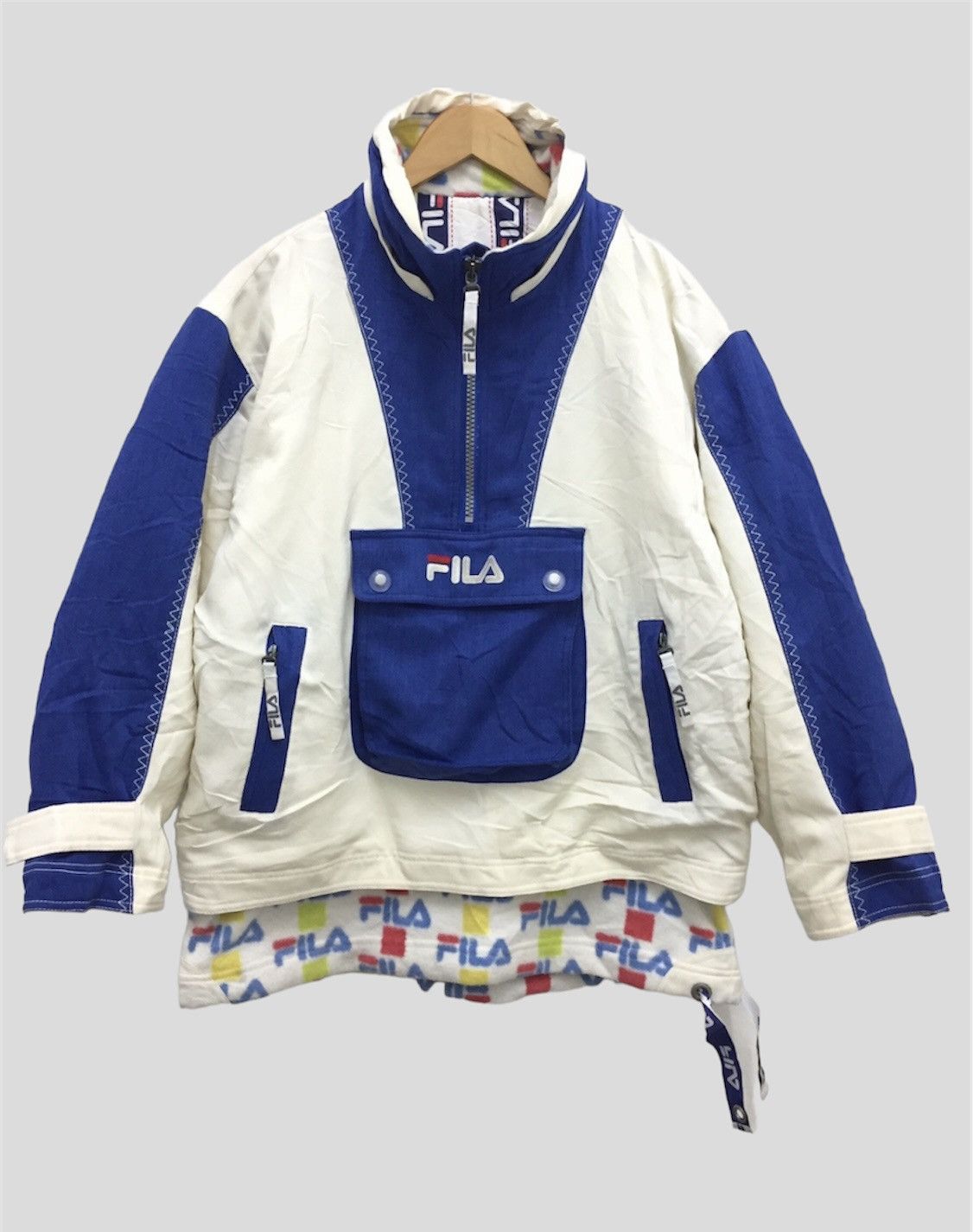 image of Fila International Sport Half Zipper Bomber Jacket in Cream White Blue Red, Men's (Size Medium)