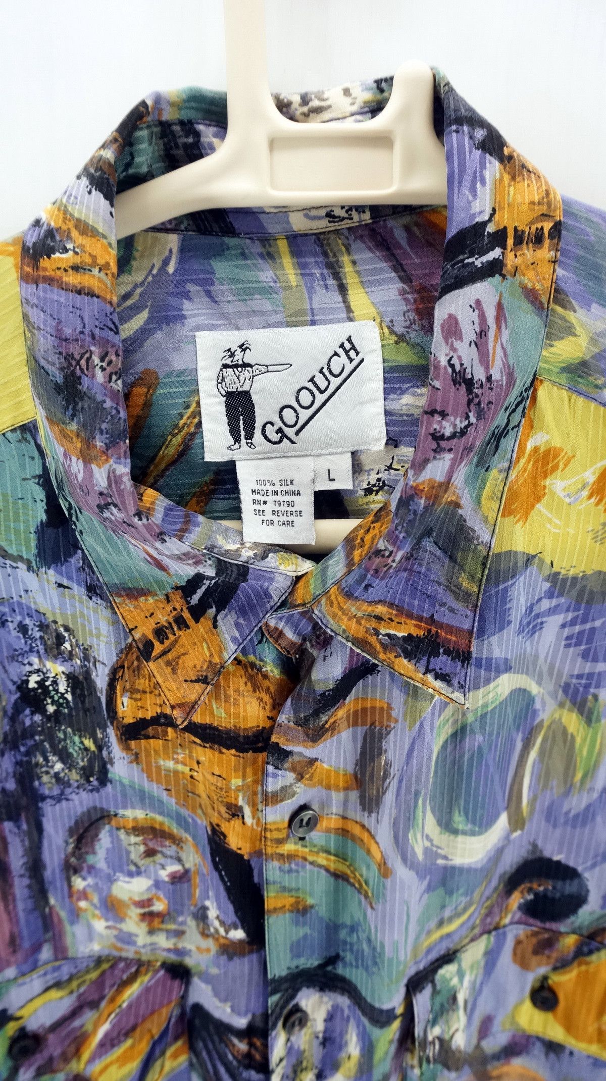 Vintage Vintage 90's GOOUCH Hawaiian Mens Abstract Silk Shirt Size US L / EU 52-54 / 3 - 4 Thumbnail