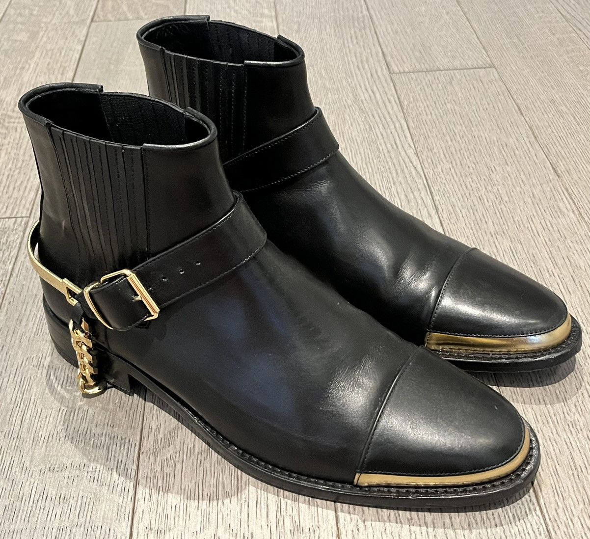 Balmain Balmain 1 690 Black and Gold Leather Boots with Chain Grailed