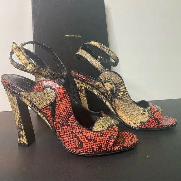 Dries Van Noten DRIES VAN NOTEN Red And Beige 100 Snakeskin Sandals 39 Size US 9.5 / IT 39.5 - 1 Thumbnail