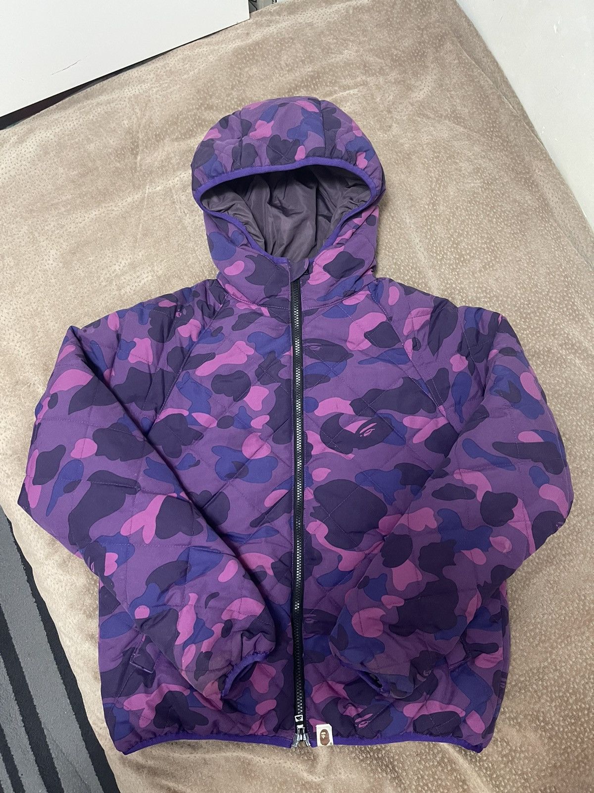 Image of Bape Purple Camo Down Hoodie Jacket, Men's (Size Small)