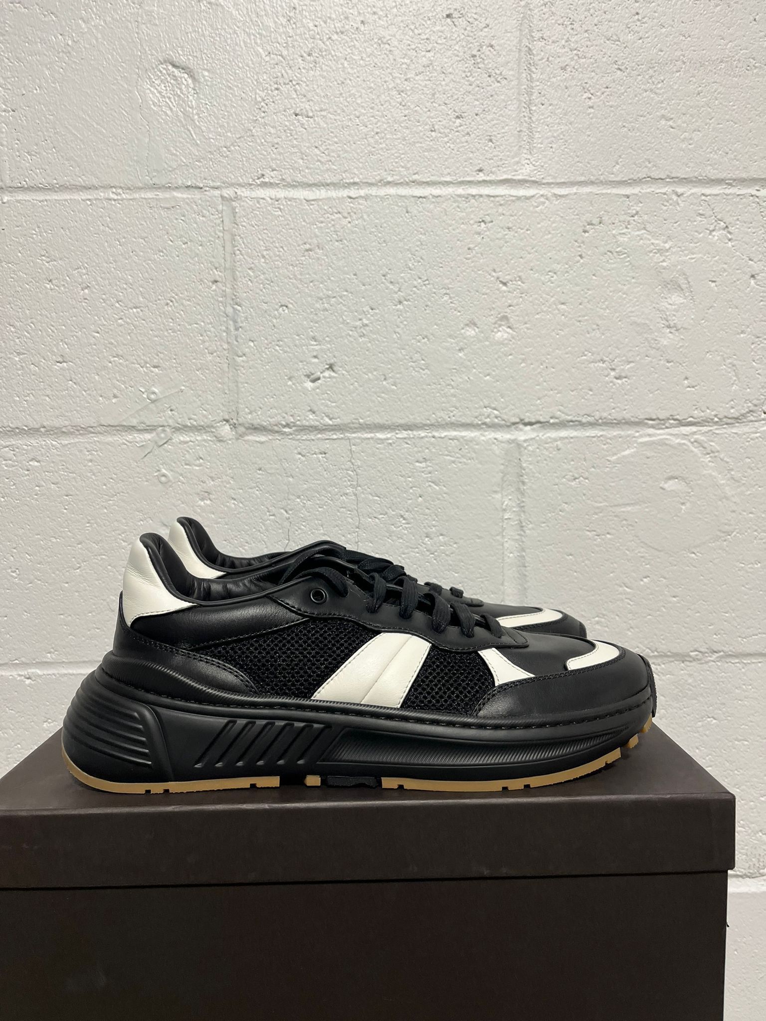 image of Bottega Veneta Speedster Calf Trainer In Black & White Shoes in Black/White, Men's (Size 11)