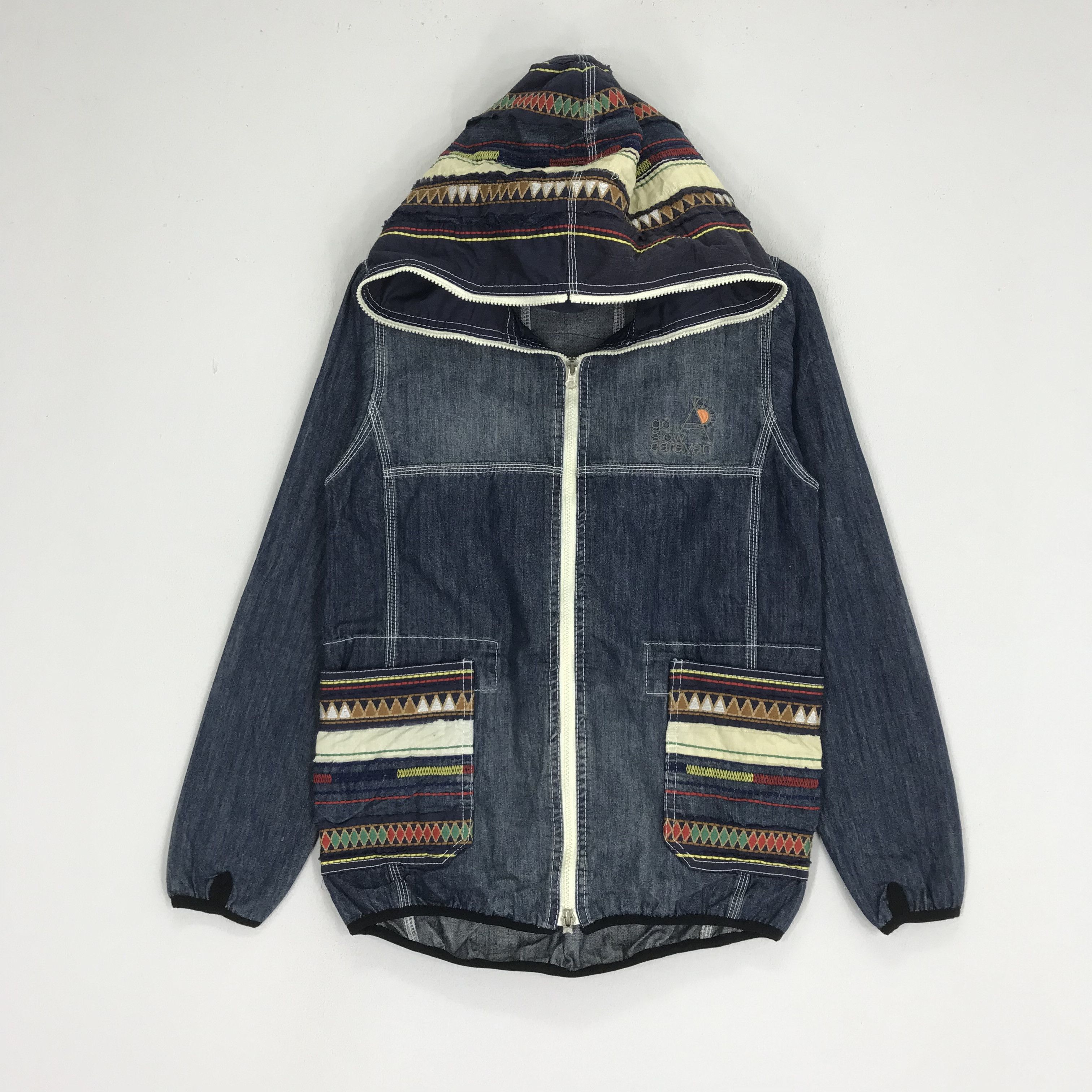 Designer × Vintage × go slow caravan Go Slow Caravan Denime Jacket Hoodie Native Pattern Size US S / EU 44-46 / 1 - 1 Thumbnail