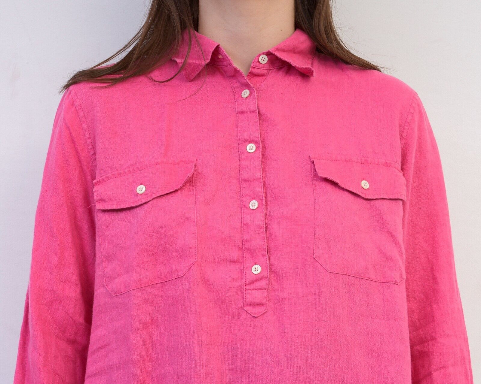 Ralph Lauren × Vintage Linen Button Up Shirt Pink V Neck Bright 3/4 Sleeves Size XL / US 12-14 / IT 48-50 - 4 Thumbnail