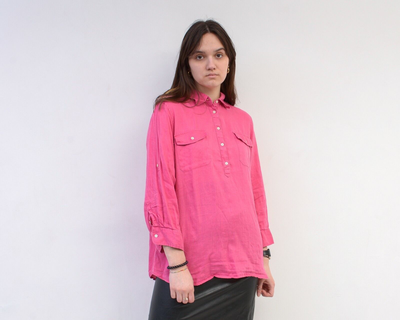 Ralph Lauren × Vintage Linen Button Up Shirt Pink V Neck Bright 3/4 Sleeves Size XL / US 12-14 / IT 48-50 - 1 Thumbnail