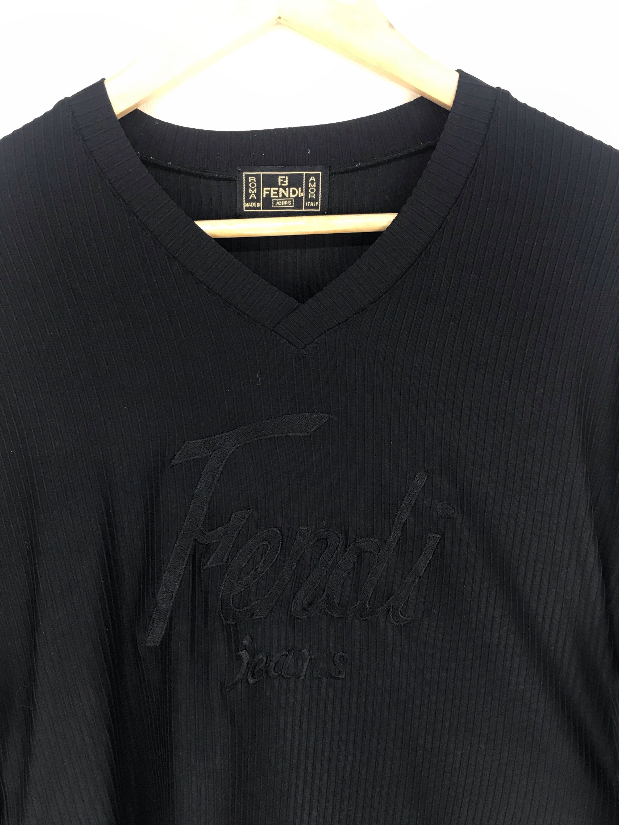 FENDI JEANS Embroidered Black Spell Out Pleated Shirt