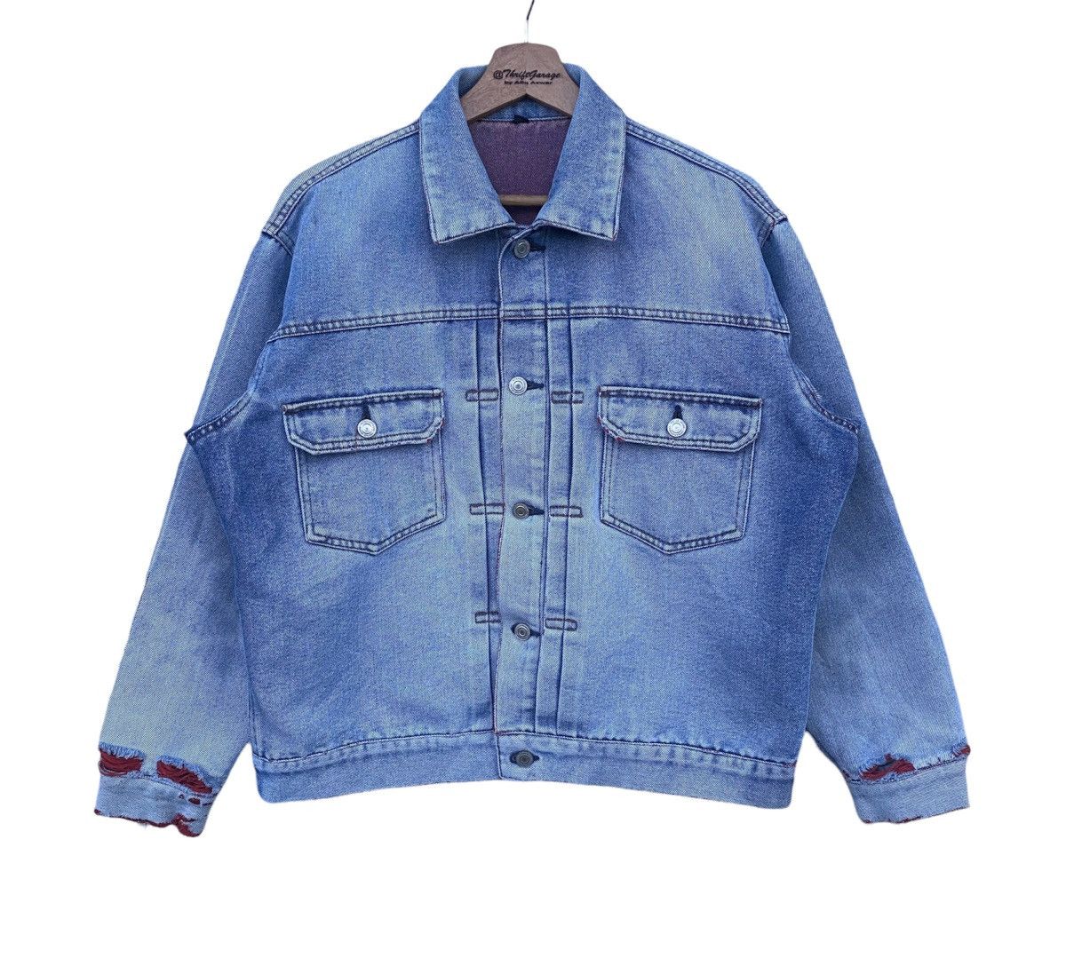 Japanese Brand Vtg Distressed Japanese Brand Acid Wash Denim Jacket Size US XXL / EU 58 / 5 - 1 Thumbnail