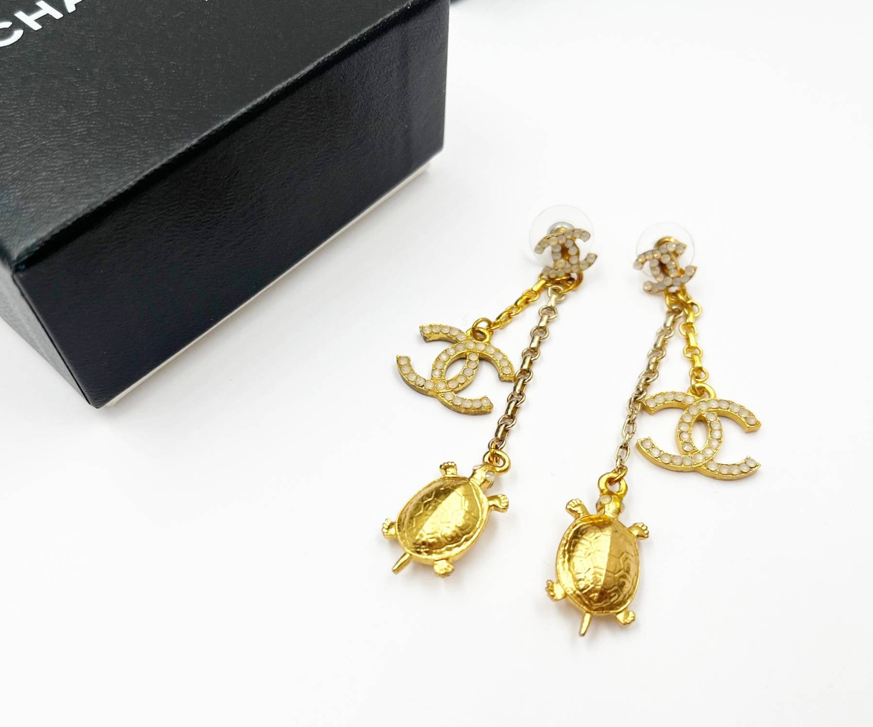 Chanel RareVintage Gold Plated CC Opal Tortoise Earrings