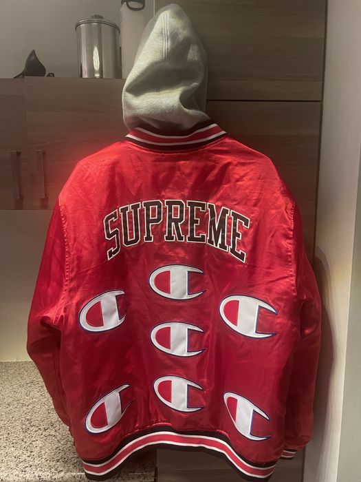 Supreme champion hooded online satin varsity jacket red