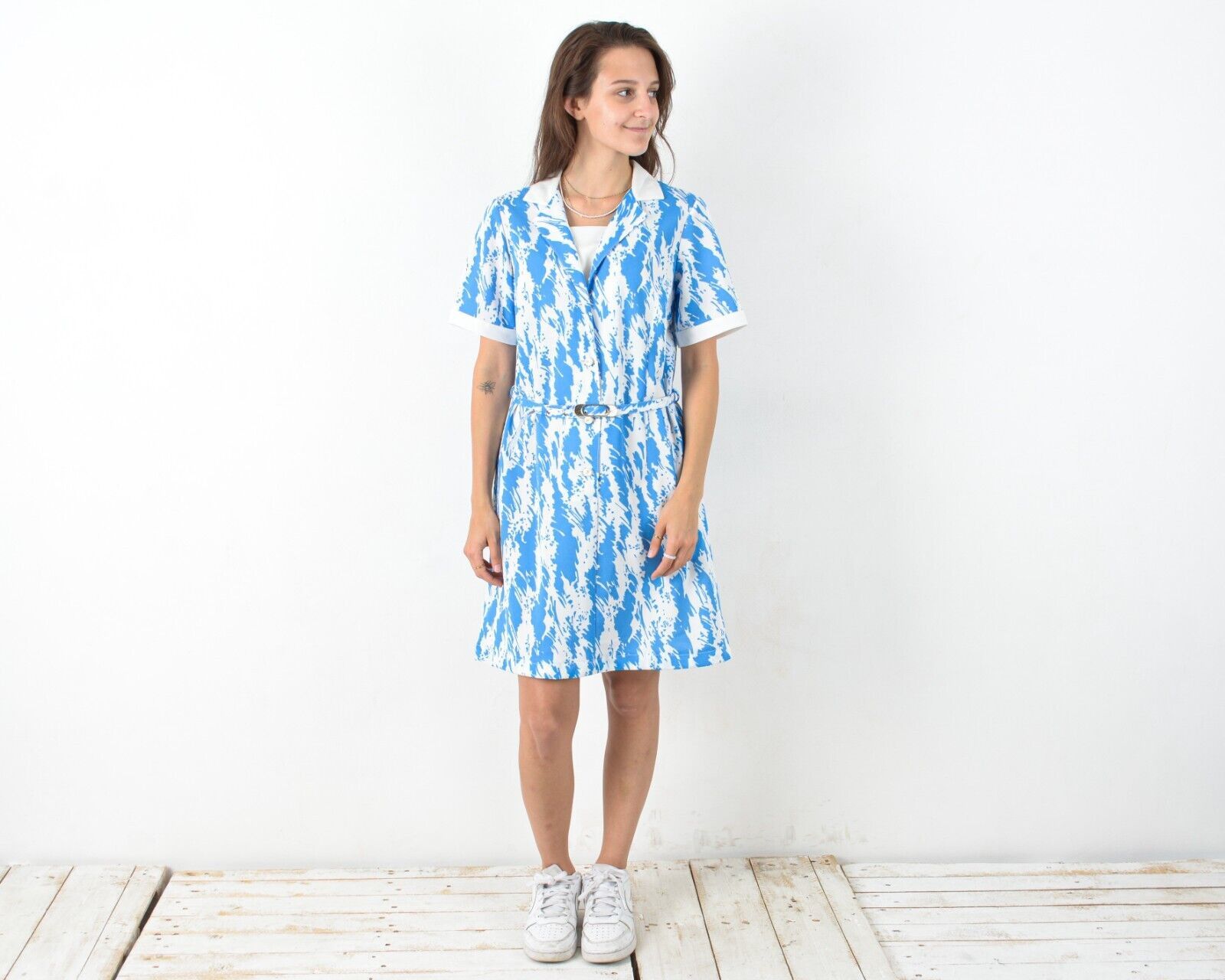 Other × Vintage Women's L 90's Tight Dress Summer Button Up Sailor Belted Size L / US 10 / IT 46 - 2 Thumbnail