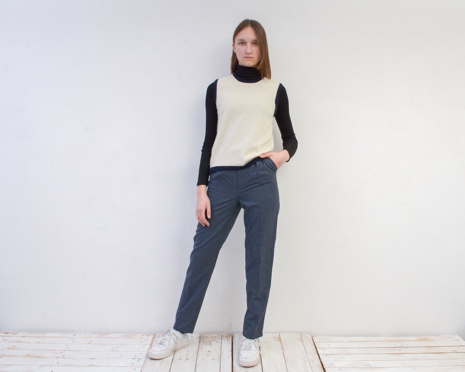 Other × Vintage Women's Wool Pants Trousers Striped Tailored High Wasted Size 24" / US 00 / IT 34 - 2 Thumbnail