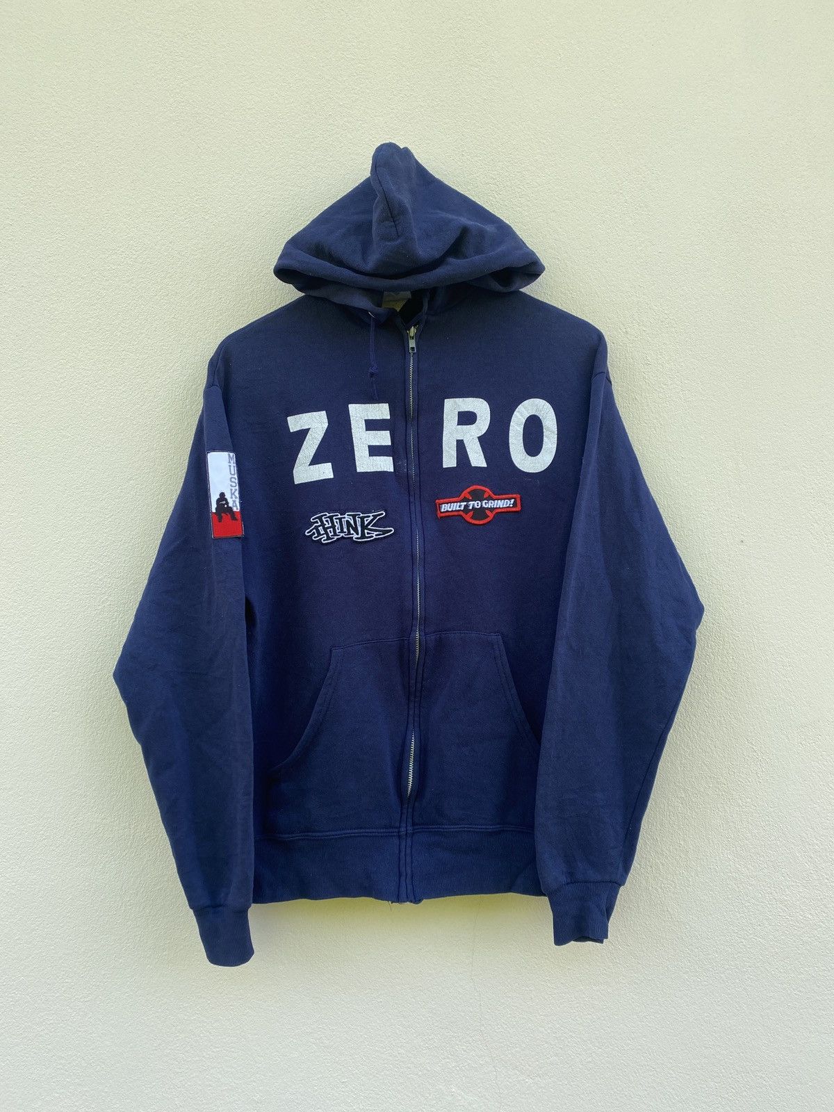 image of Shortys Skateboards x Think Skateboards Vintage 90's Zero Think Muska Skateboard Hoodie in Blue (Si