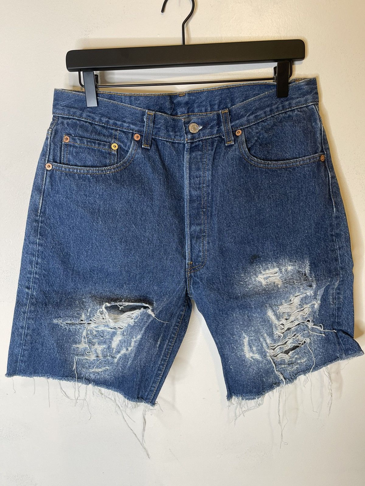 image of Levis Vintage Clothing Highly Distressed Shorts in Mid Denim, Men's (Size 31)