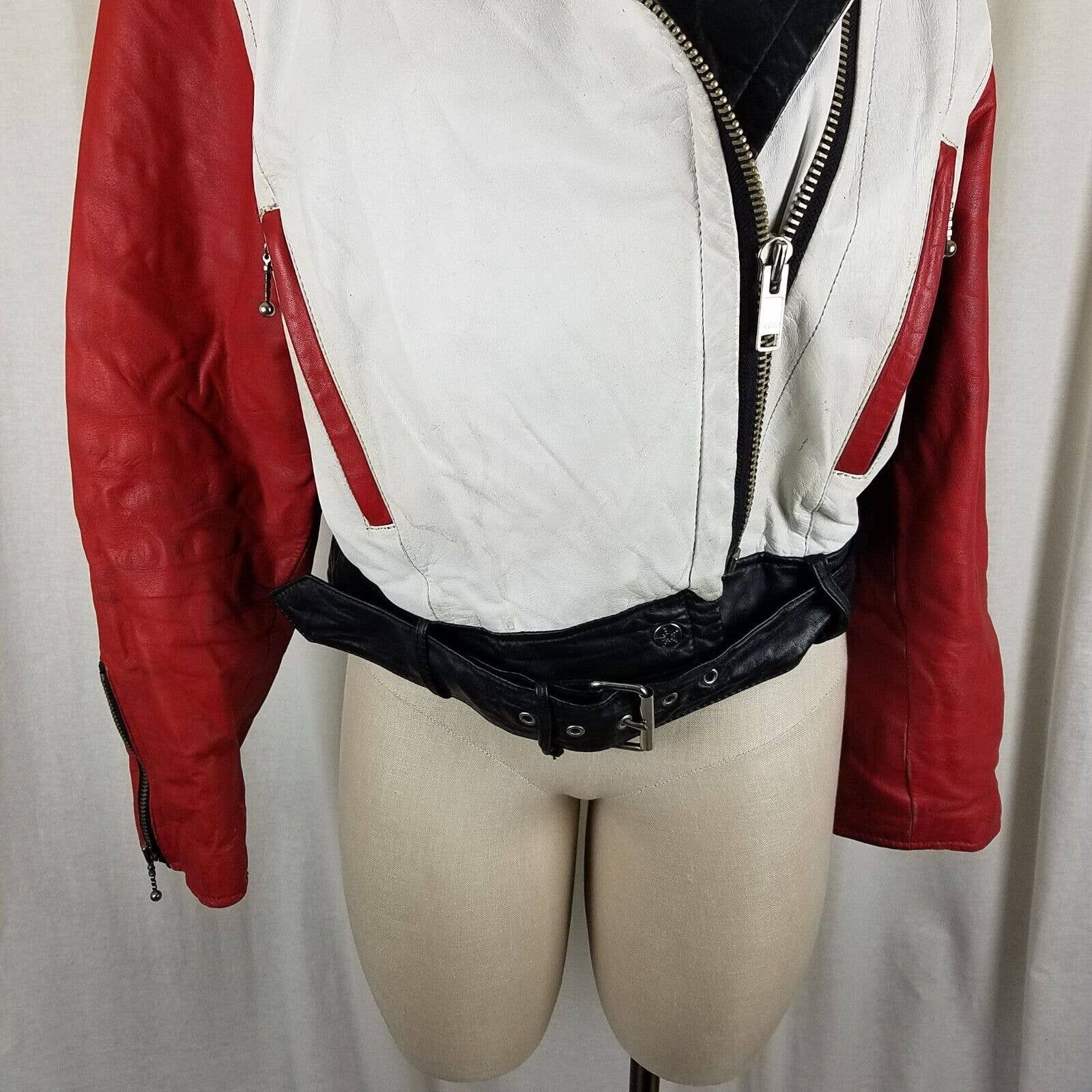 Vintage Chia Colorblock Leather Moto Biker Jacket Belted MJ Thriller Size L / US 10 / IT 46 - 3 Thumbnail