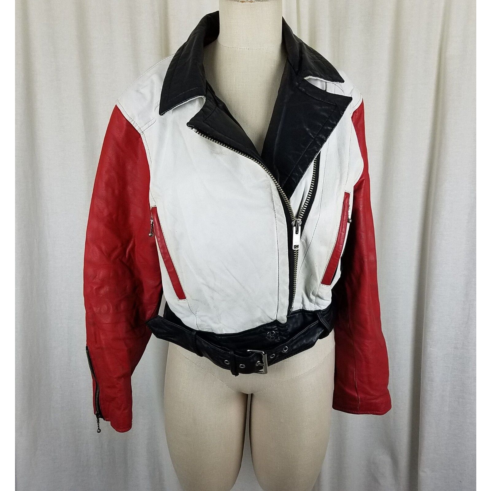 Vintage Chia Colorblock Leather Moto Biker Jacket Belted MJ Thriller Size L / US 10 / IT 46 - 1 Preview