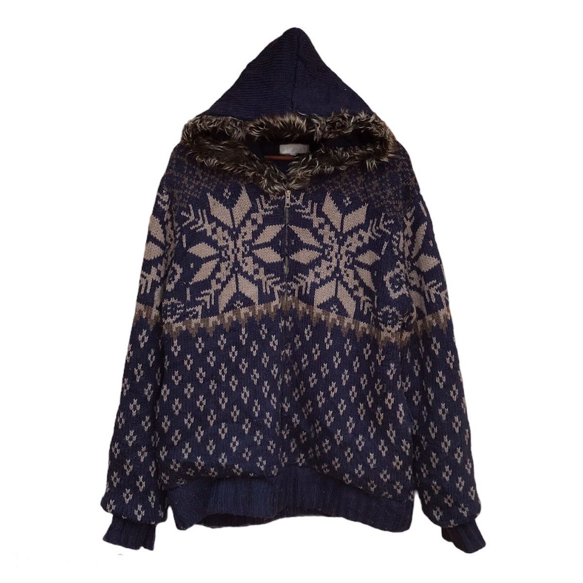 image of Aran Isles Knitwear Villand Knitwear Hoodie Native Novajo Motive Fur Trim in Blue, Men's (Size XL)