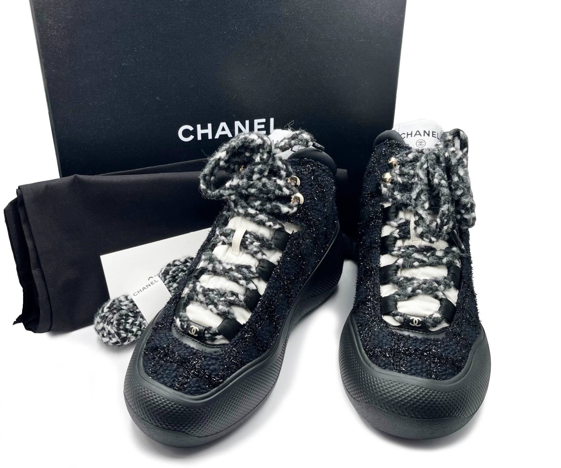 Chanel Chanel New White CC Black Tweet Ski Boots with Spikes Grailed