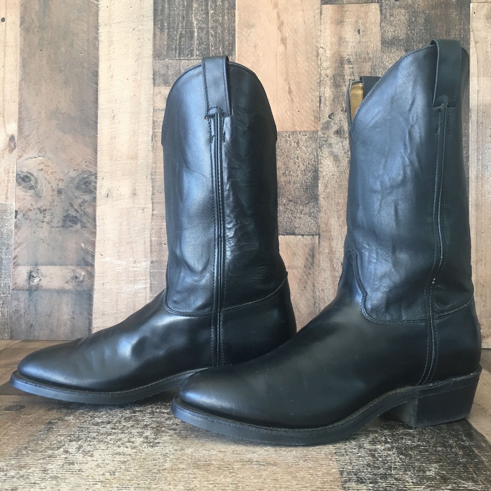 Justin Cowboy Bottes Homme 8,5 D Cuir Noir Western Pull On