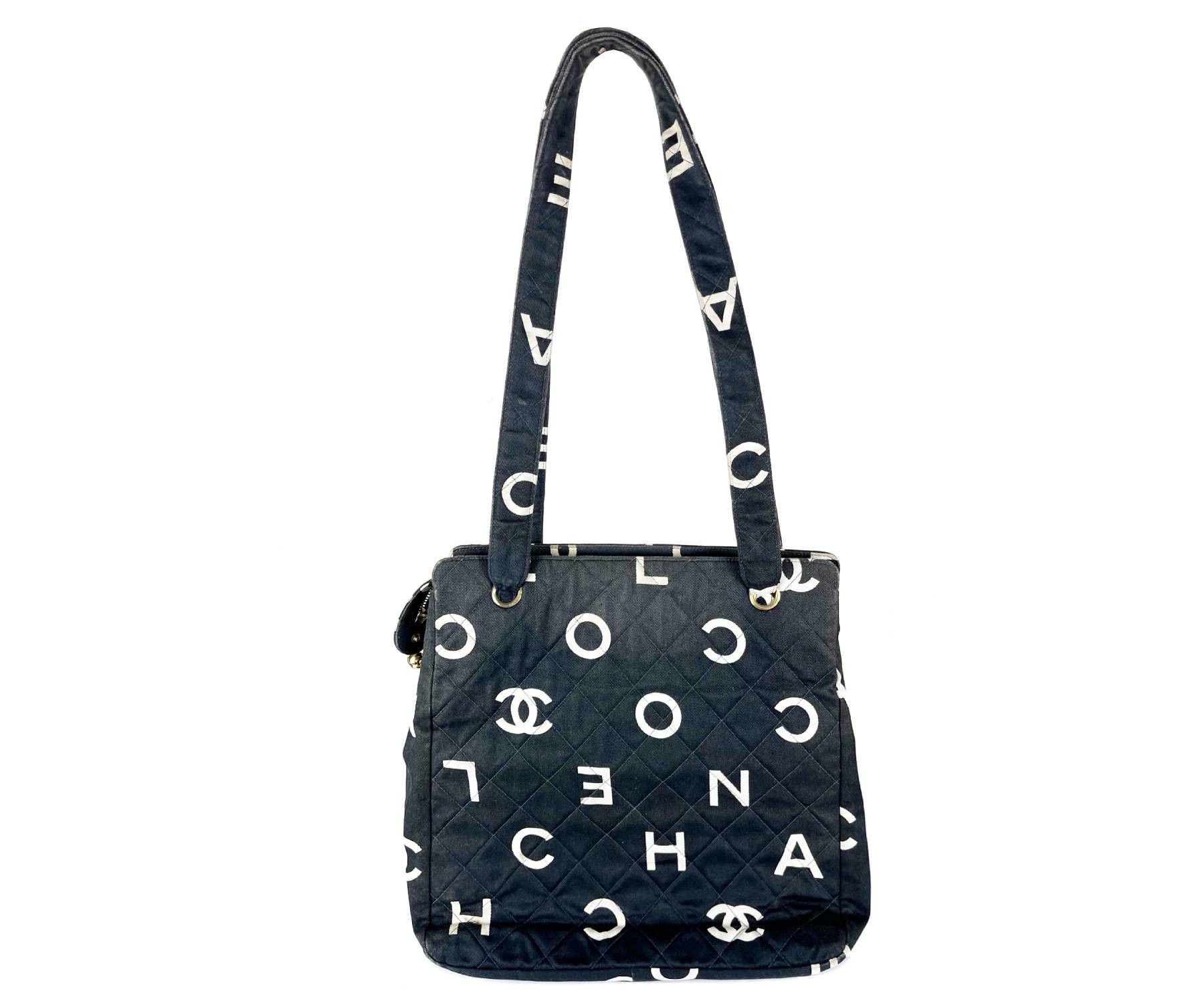 Chanel Vintage White Logo Black Canvas Tote Bag