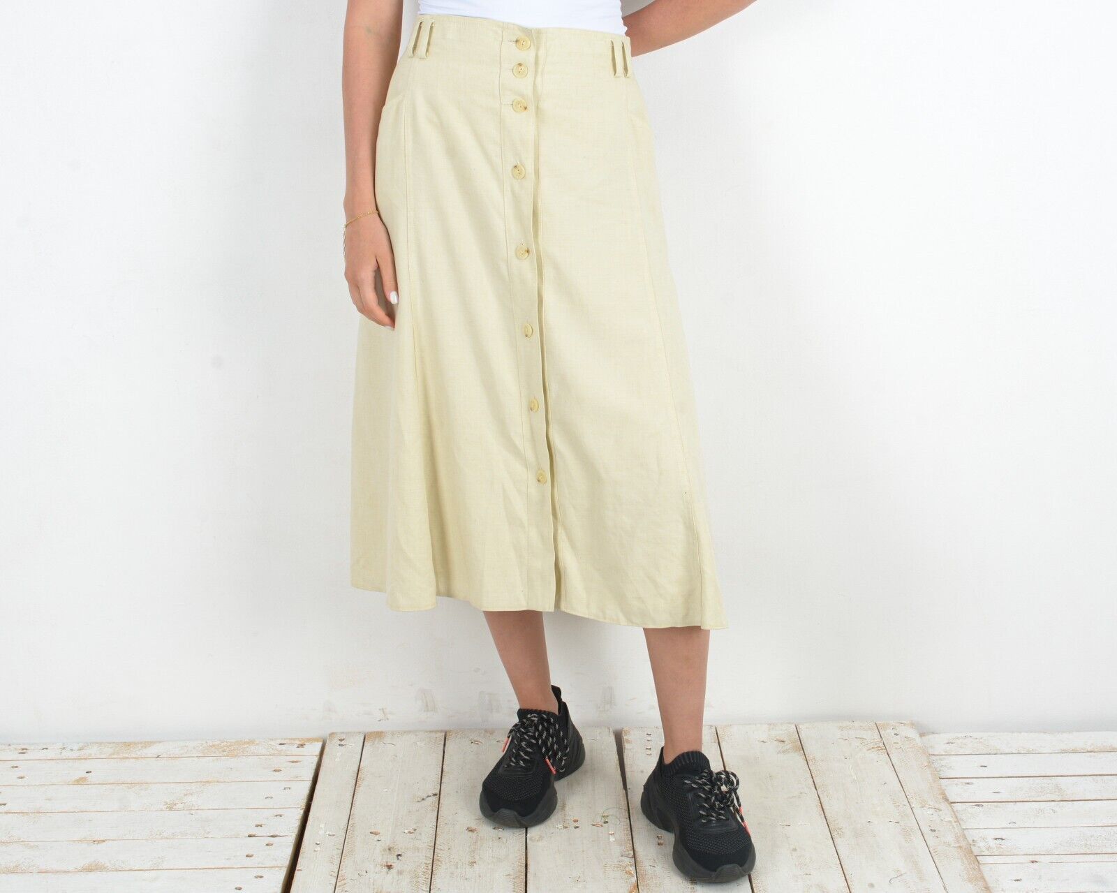 Other × Vintage Women's XL EUR 46 Vintage Boho Linen Skirt Button Up Midi Size 36" / US 14 / IT 50 - 1 Thumbnail