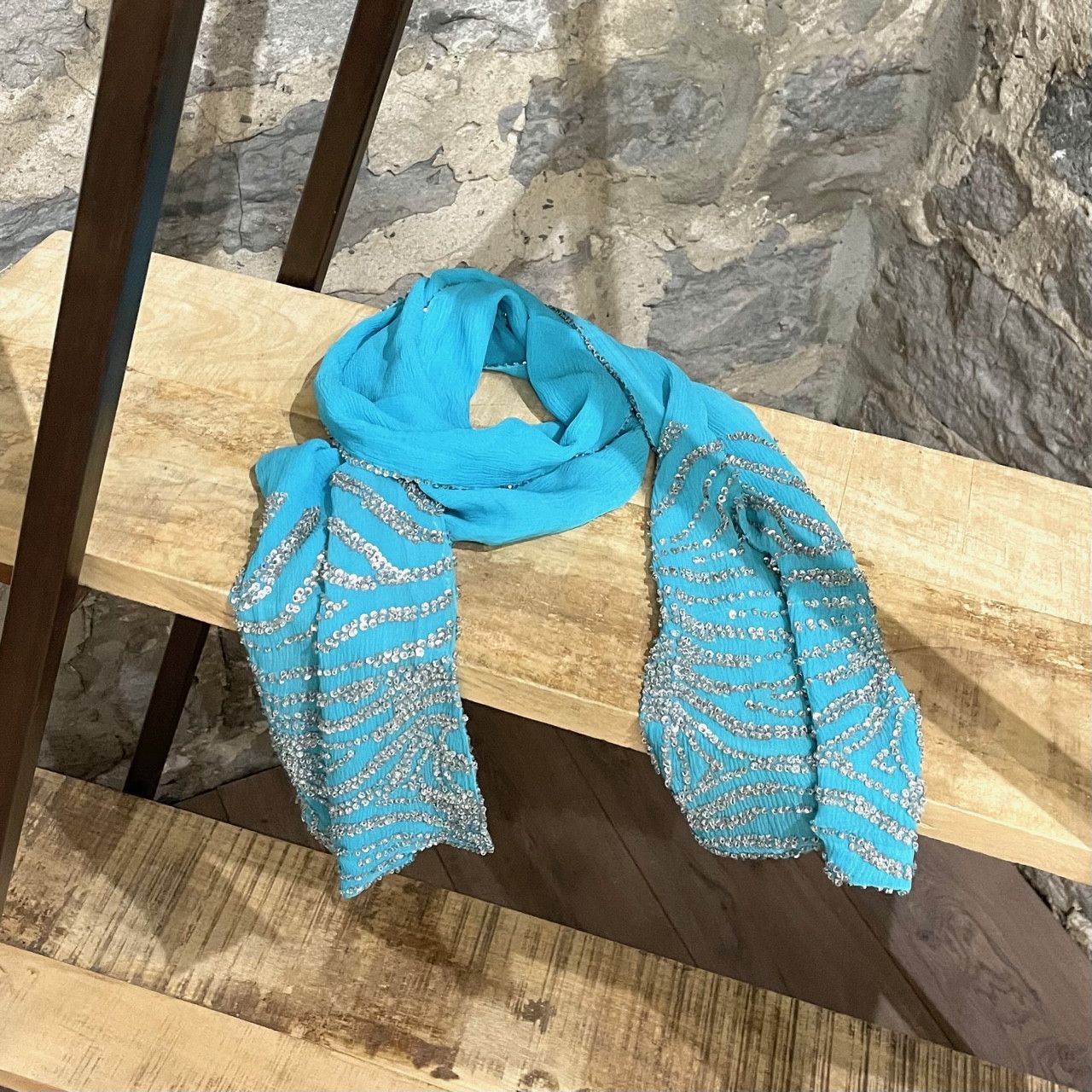 Roberto Cavalli Roberto Cavalli Beaded Zebra Pattern Turquoise Silk Scarf Size ONE SIZE - 1 Thumbnail