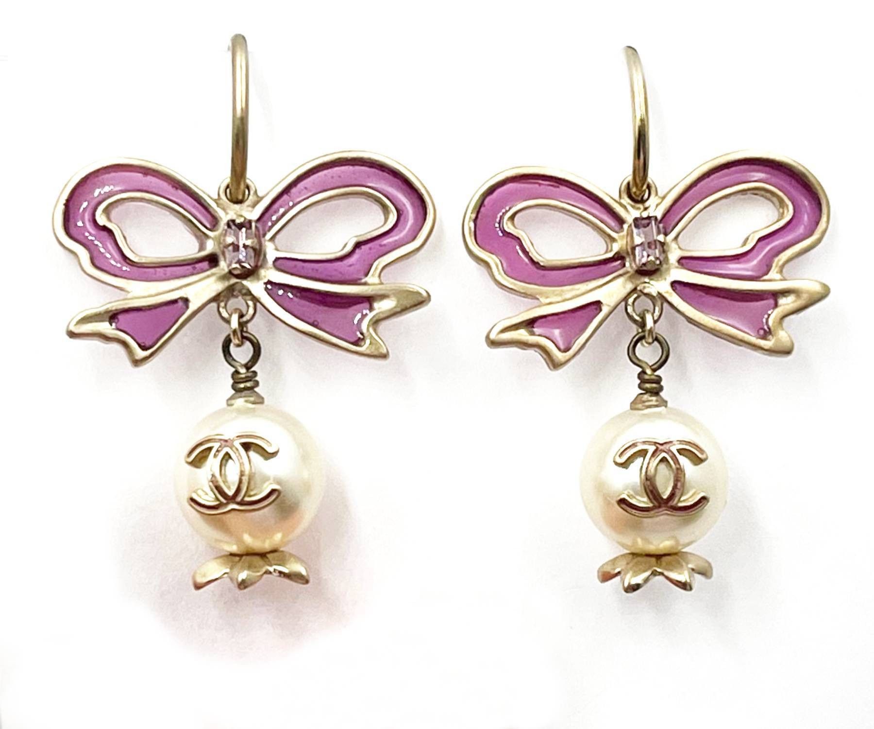 Chanel Gold Fuchsia Ribbon Bow CC Pearl Dangle Earrings