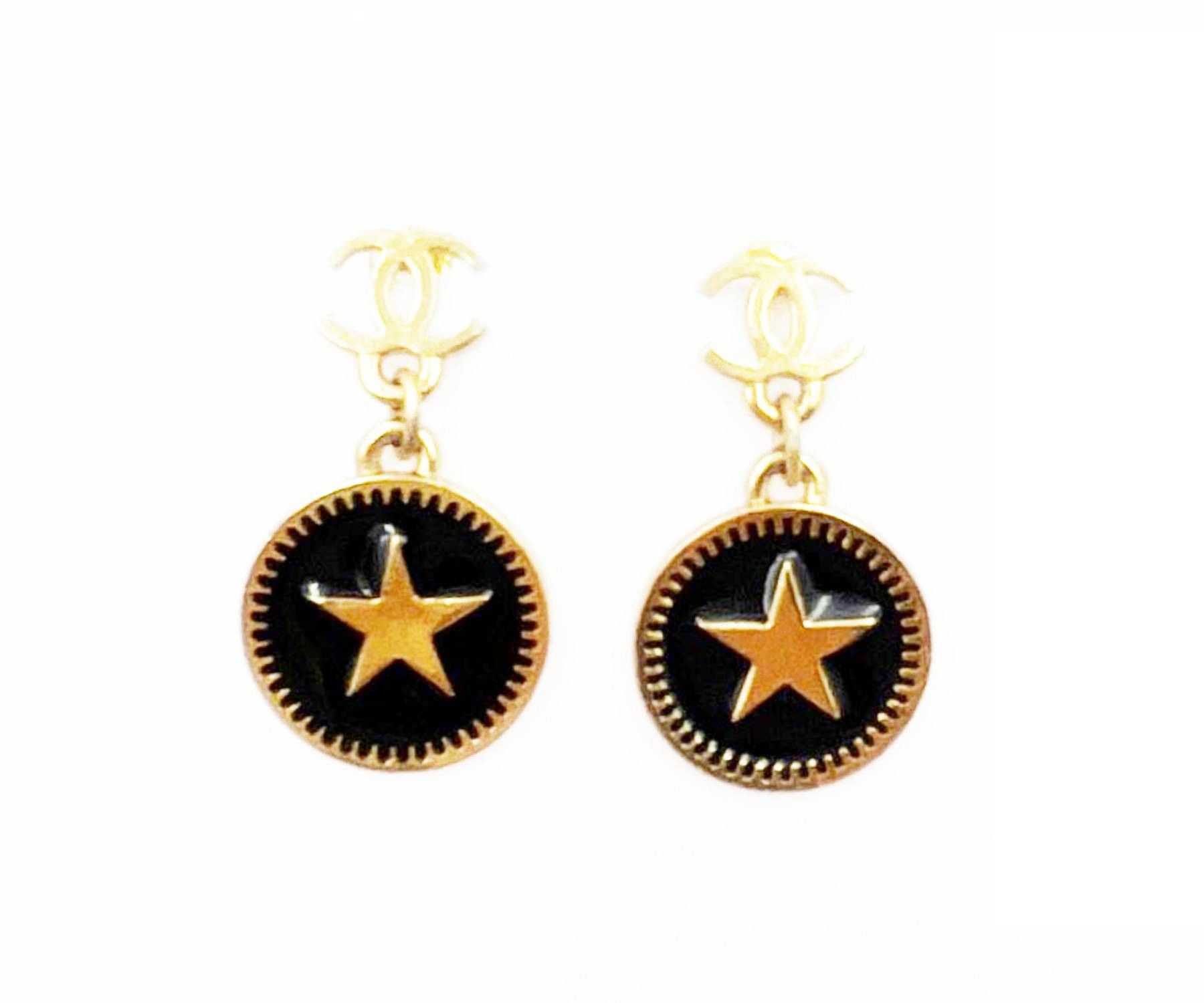 Chanel Gold Plated CC Star Round Black Coin Dangle Earrings