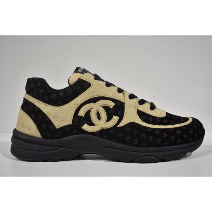 Chanel 22A Black White Suede Printed CC Logo Flat Runner Trainer