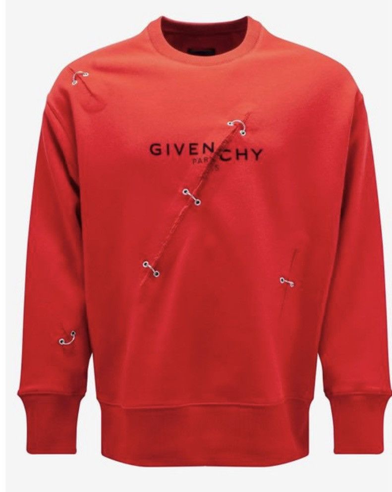 Givenchy GIVENCHY Men's Red Rip Metal Detail Oversized Sweater Size US XL / EU 56 / 4 - 12 Thumbnail