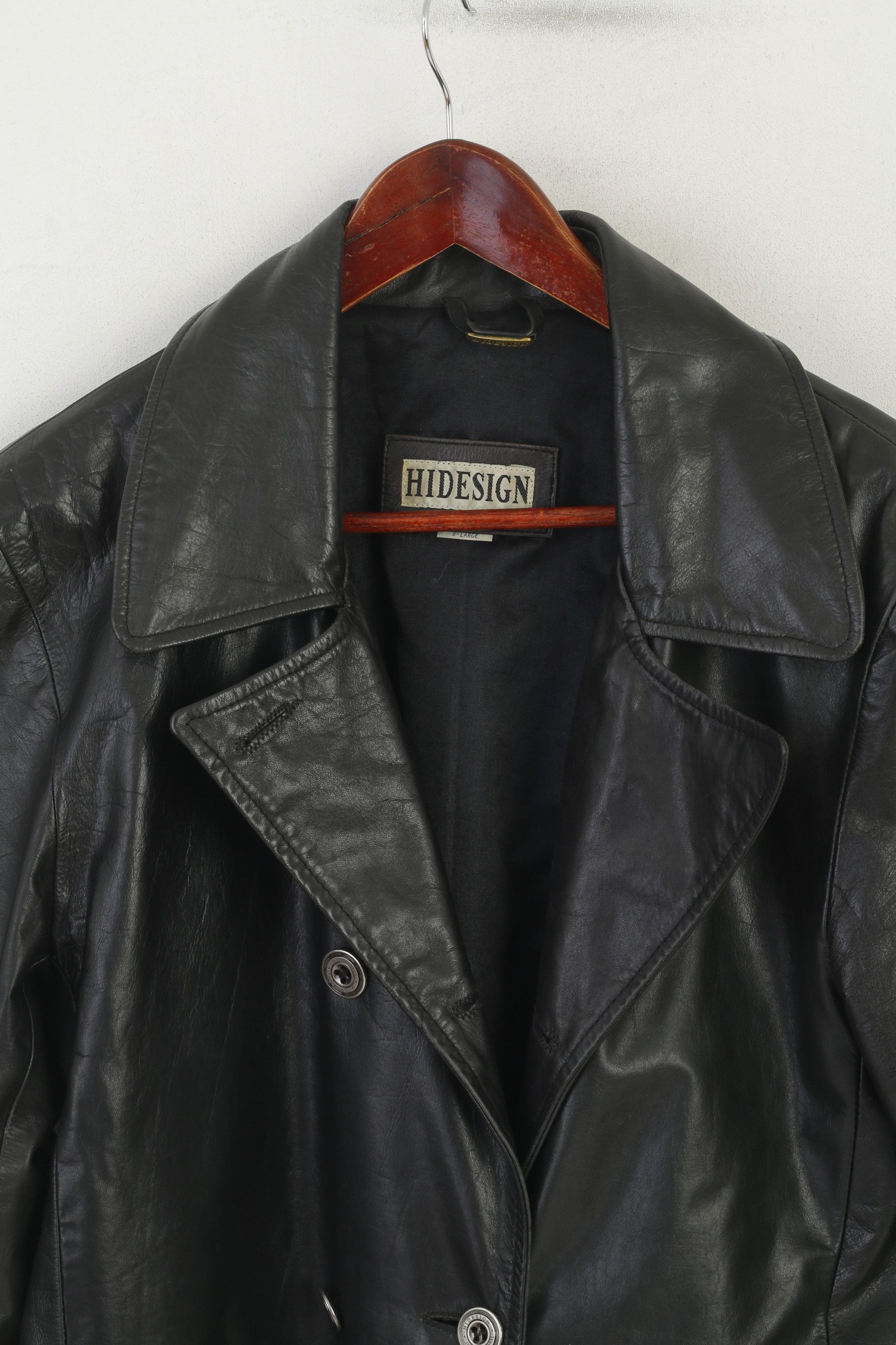 Leather × Vintage Hidesign Women XL (L) Coat Black Leather Shiny 7298 Size XL / US 12-14 / IT 48-50 - 2 Thumbnail
