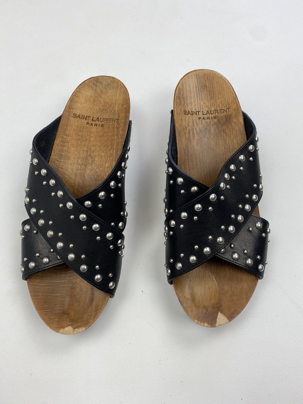 Auth Saint Laurent Wood Platform Clog Sandals Black