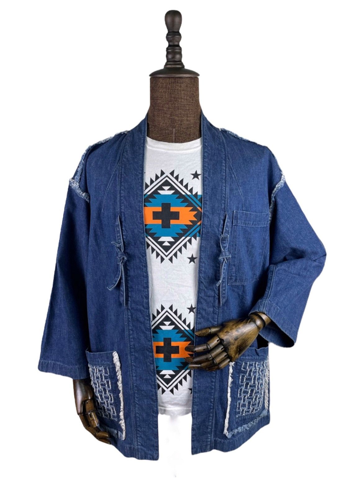 image of Denim Jacket x Indigo Kapital Style Denim Sashiko Boro Patchwork Sanjuro Samurai in Blue (Size Medi