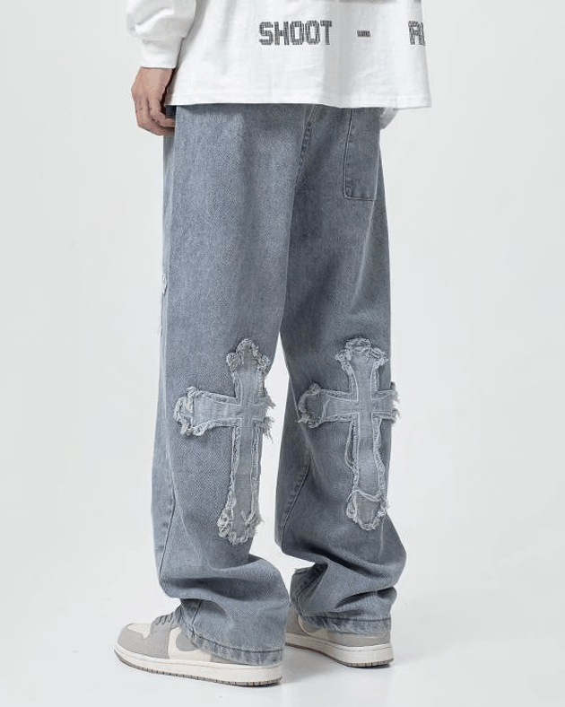 Japanese Brand Cross design Denim Jeans- Korean Streetwear Style Pants Size US 30 / EU 46 - 2 Thumbnail