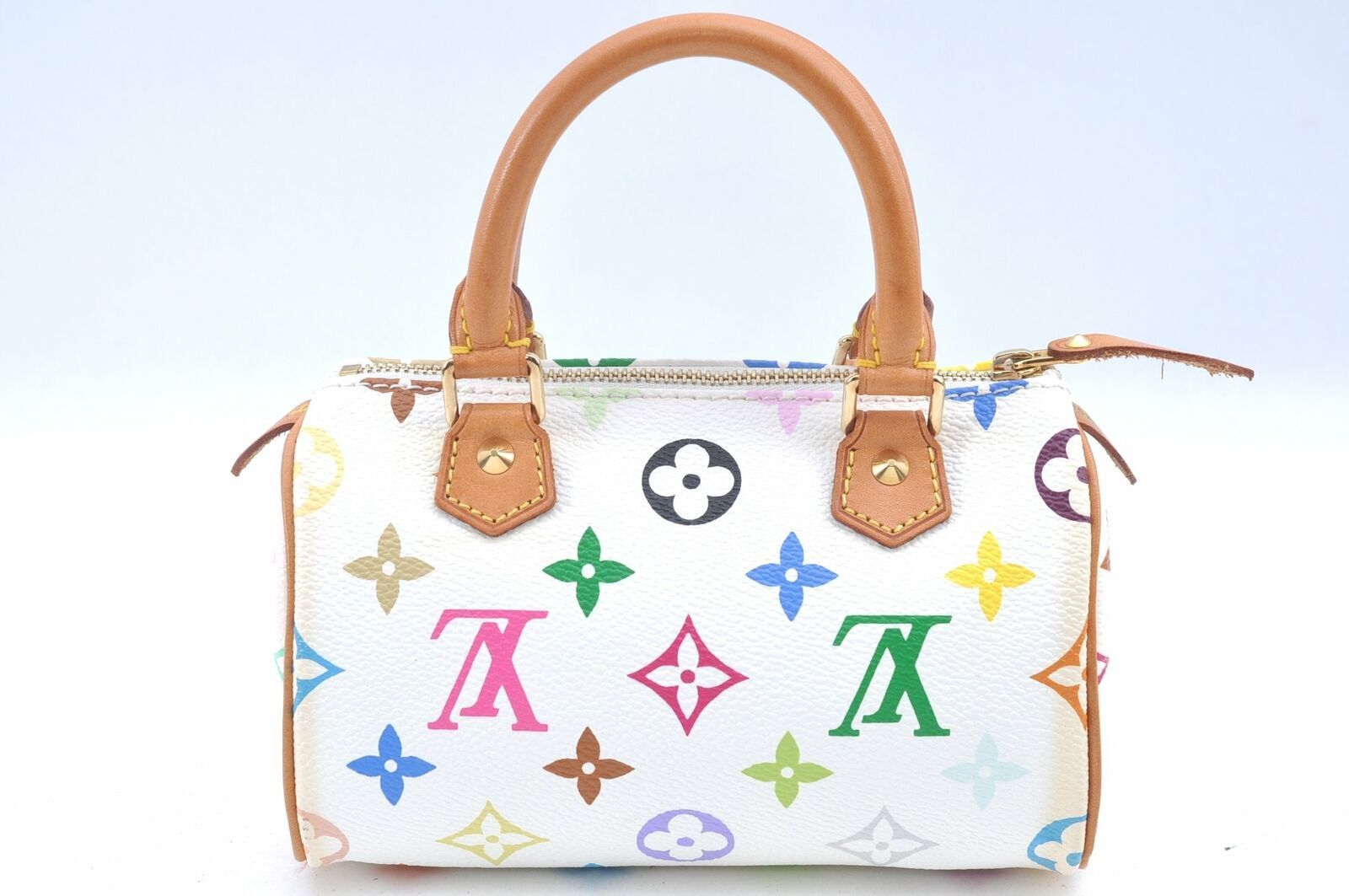 Auth Louis Vuitton Monogram Multicolor Mini Speedy White Hand Bag Pouch LV F5406