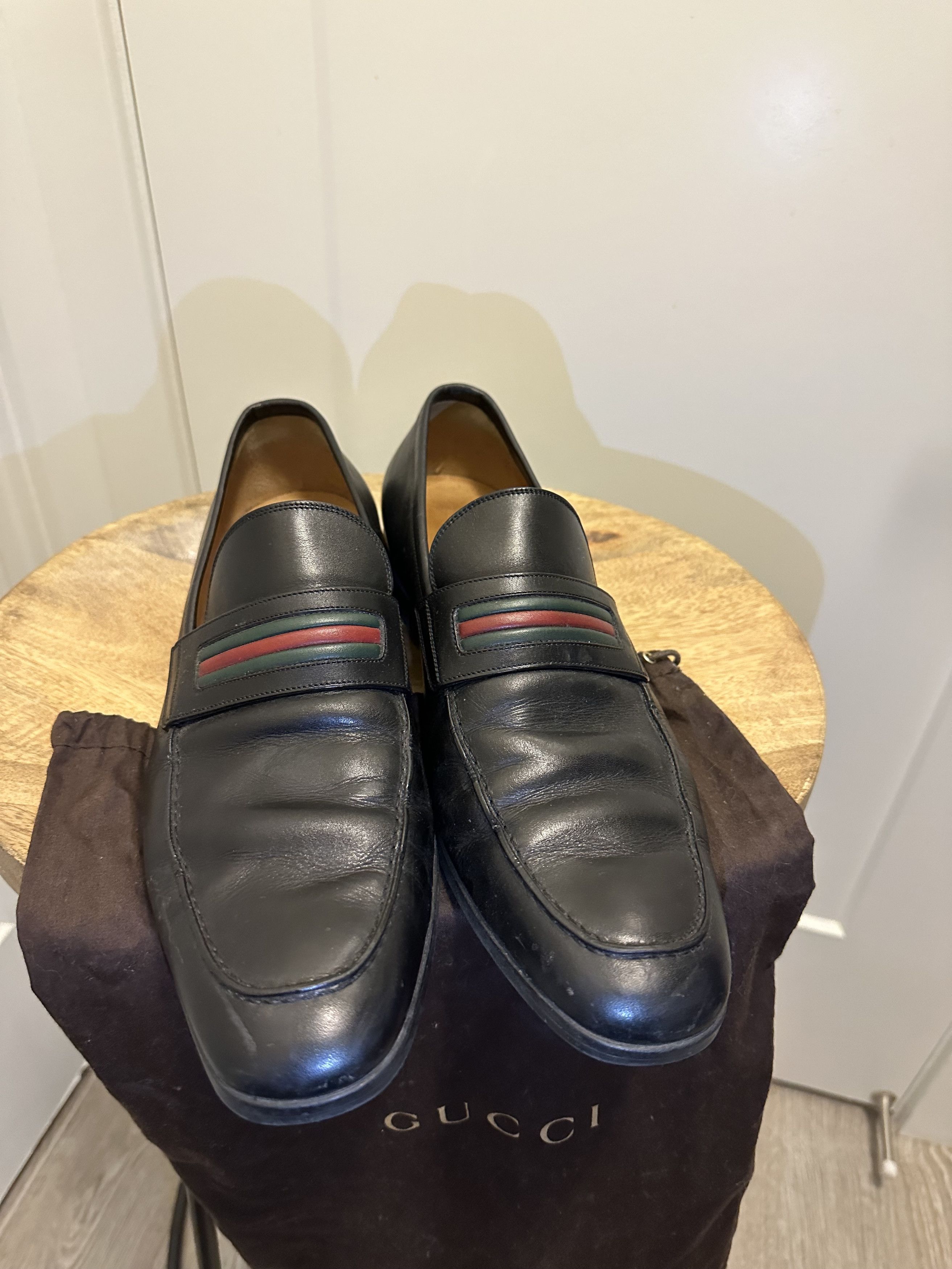 Gucci Gucci Red Green Stripe Black Leather Loafers Size US 9.5 / EU 42-43 - 1 Thumbnail