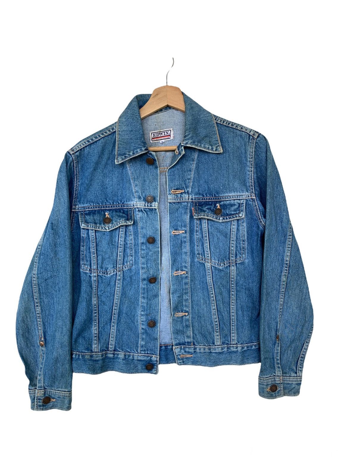 image of Distressed Denim x Edwin Vintage Edwin Trucker Denim Jacket in Blue Denim, Men's (Size Medium)