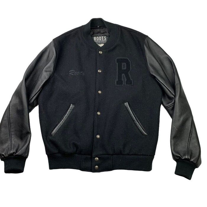 Roots Roots Men's Wool Leather Snap Letter Varsity Bomber Jacket Black ...