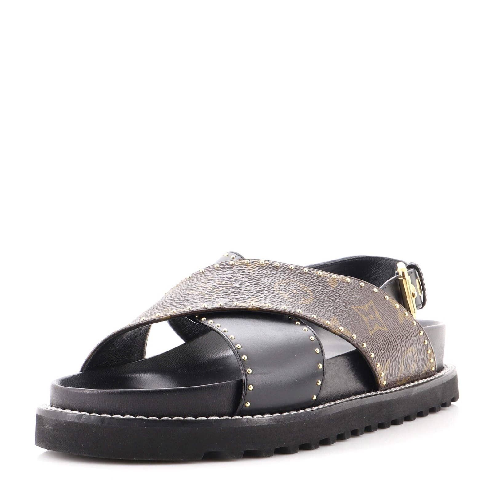 LOUIS VUITTON Calfskin Padded Nylon Monogram Paseo Flat Comfort Sandals 36  Black 1297611