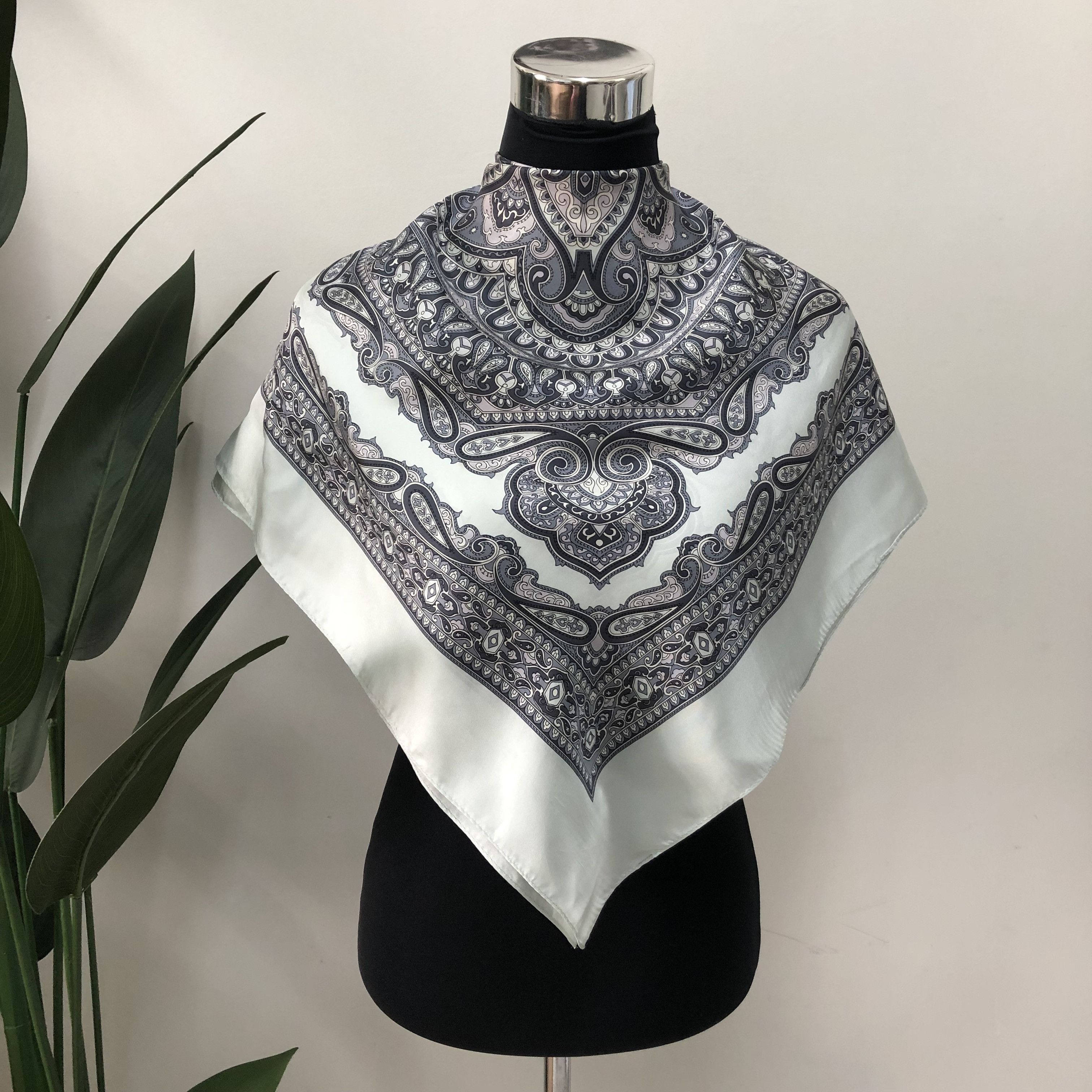Japanese Brand Soft Grey With Graphic Silk Scarf / Scarves #209-H Size ONE SIZE - 1 Thumbnail
