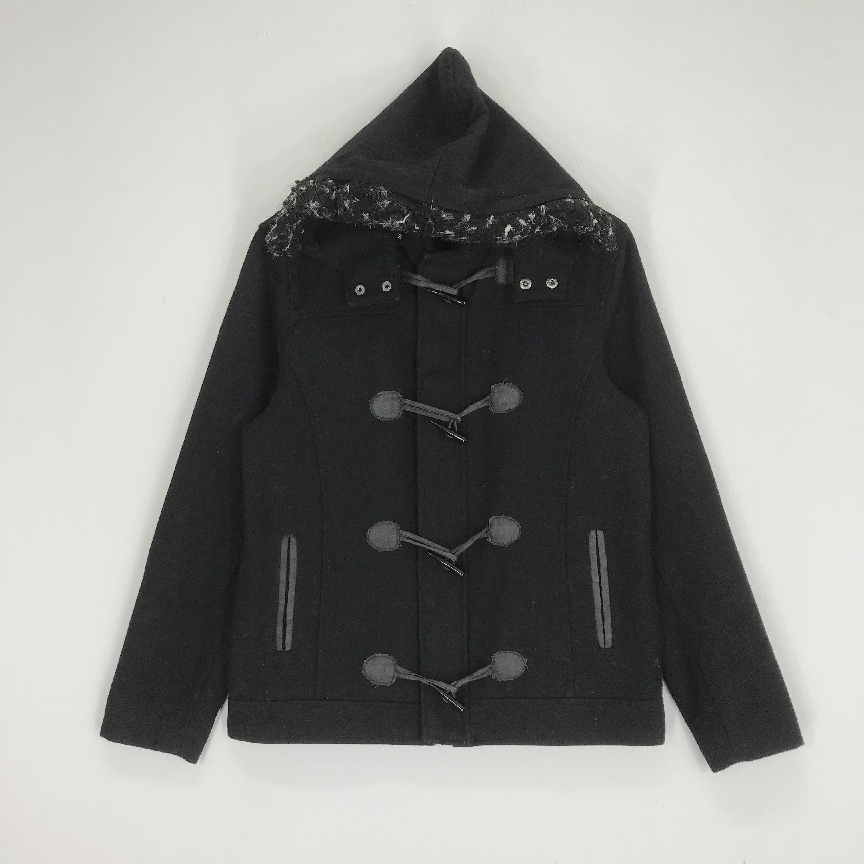 image of Vintage Nylaus Duffle Coats Black Fur Hoodie Wool Jacket, Men's (Size Medium)