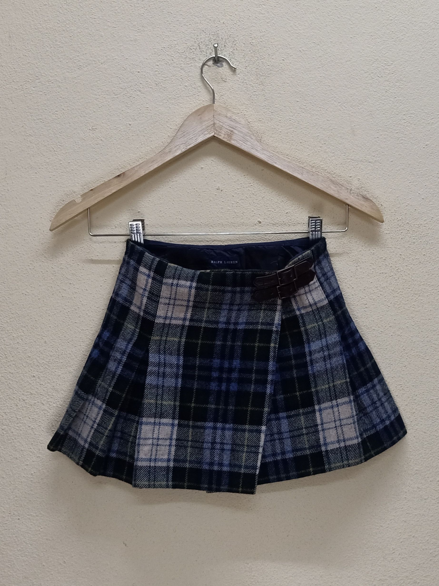 image of Ralph Laurent Blue Label Tartan Plaid Kids Mini Skirt in Green Tartan (Size 22)