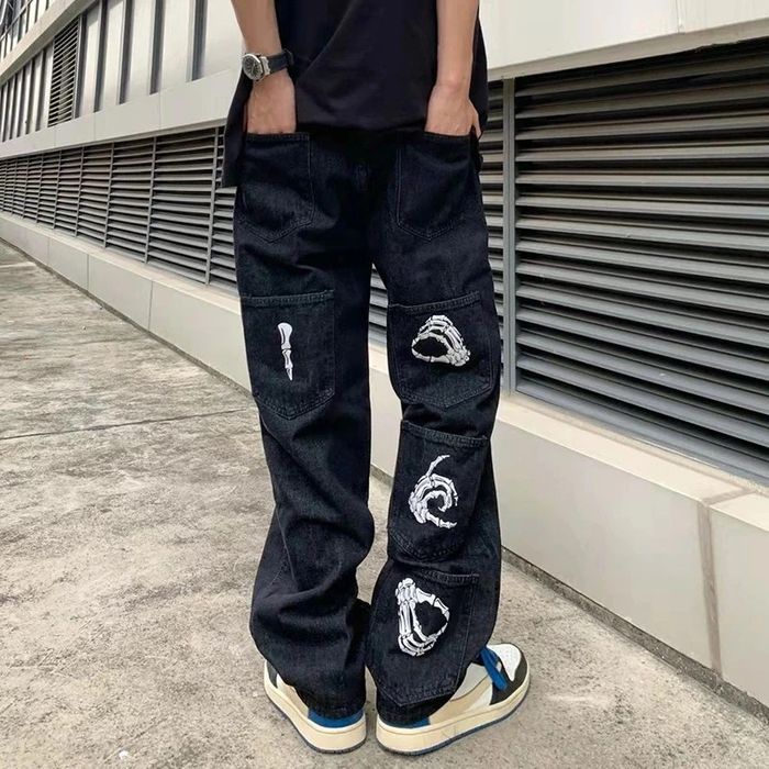 Rare Skeleton Painted Graphic Black Denim Jeans | Grailed