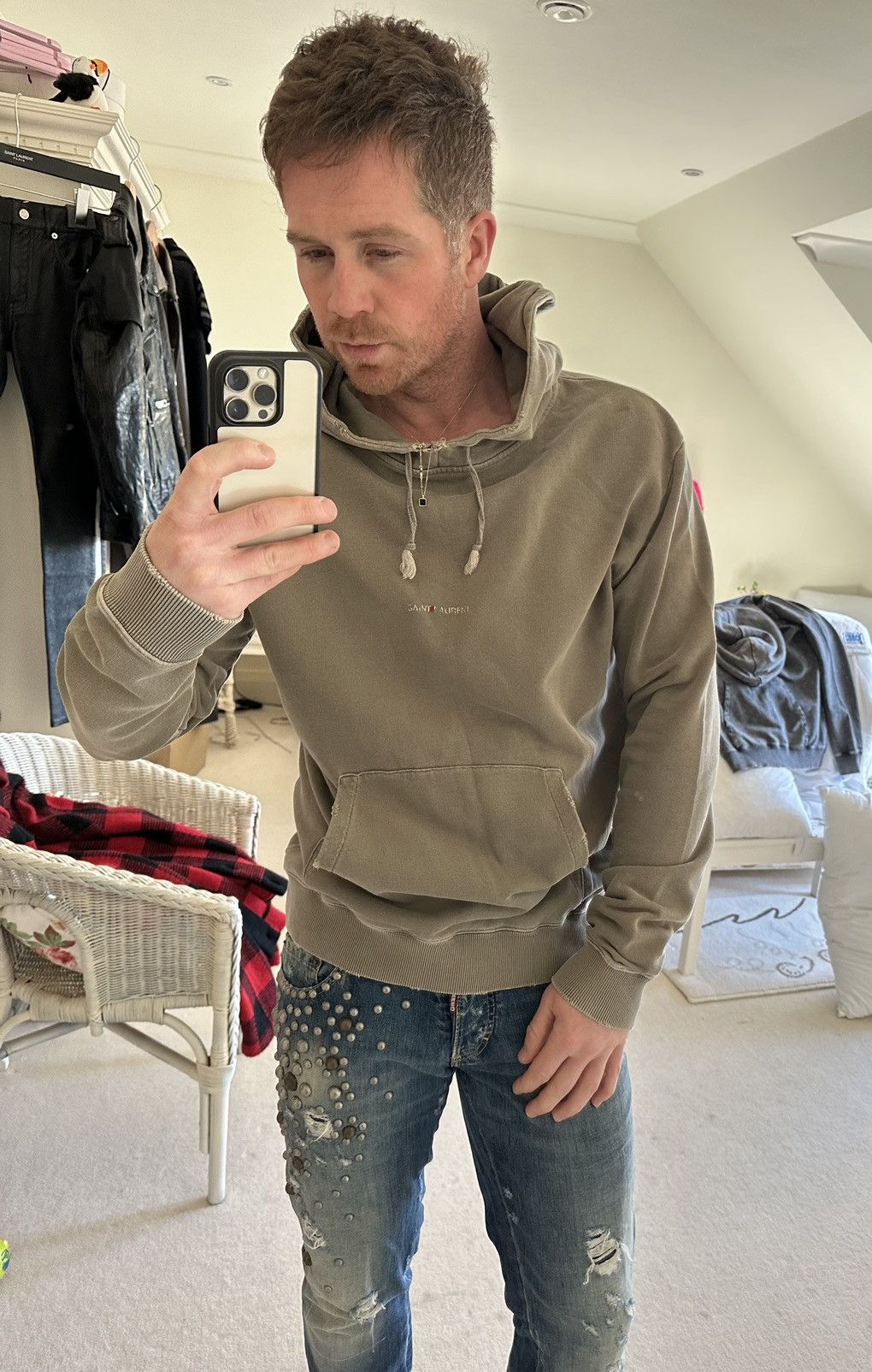 Saint Laurent Paris $890 Saint Laurent Rive Gauche logo hoodie XL olive green Size US XL / EU 56 / 4 - 5 Thumbnail